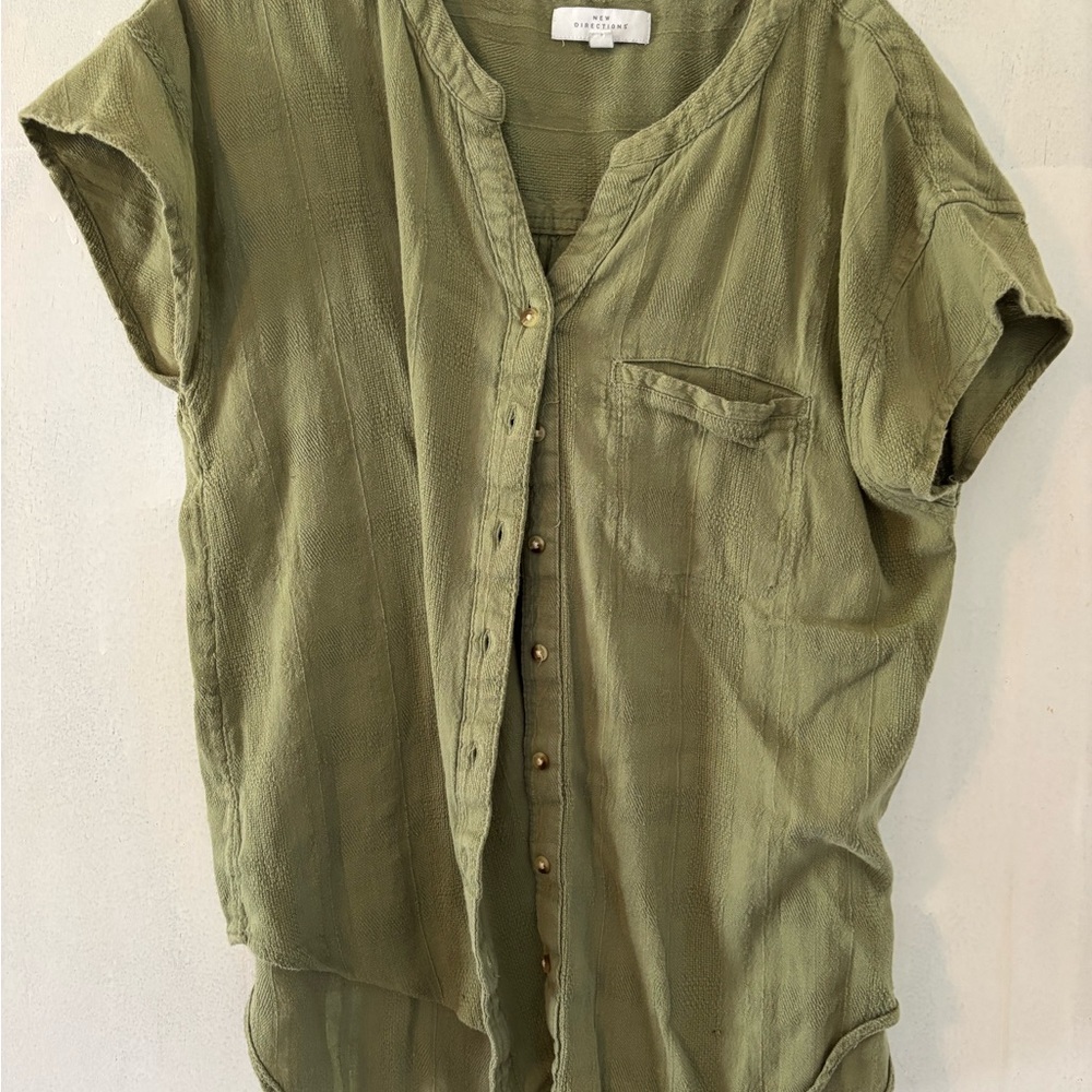 New Directions Olive Green Button-Up Textured Top
